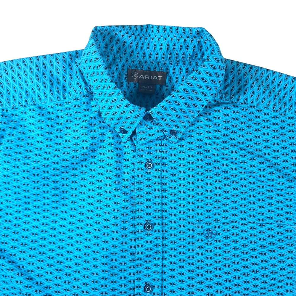 Ariat Short Sleeve Button Down Shirt Men's XXL Turquoise Teal Geometric Aztec
